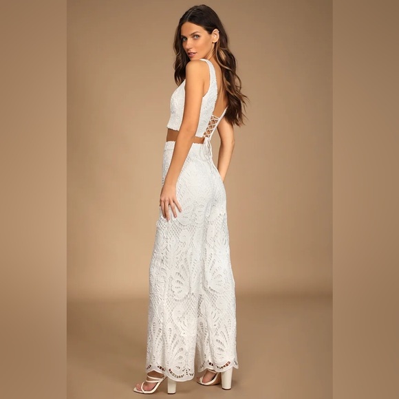 Lulus My Heart Is Yours White Lace-Up Crochet Two Piece Jumpsuit Size XS NWT - Picture 2 of 14